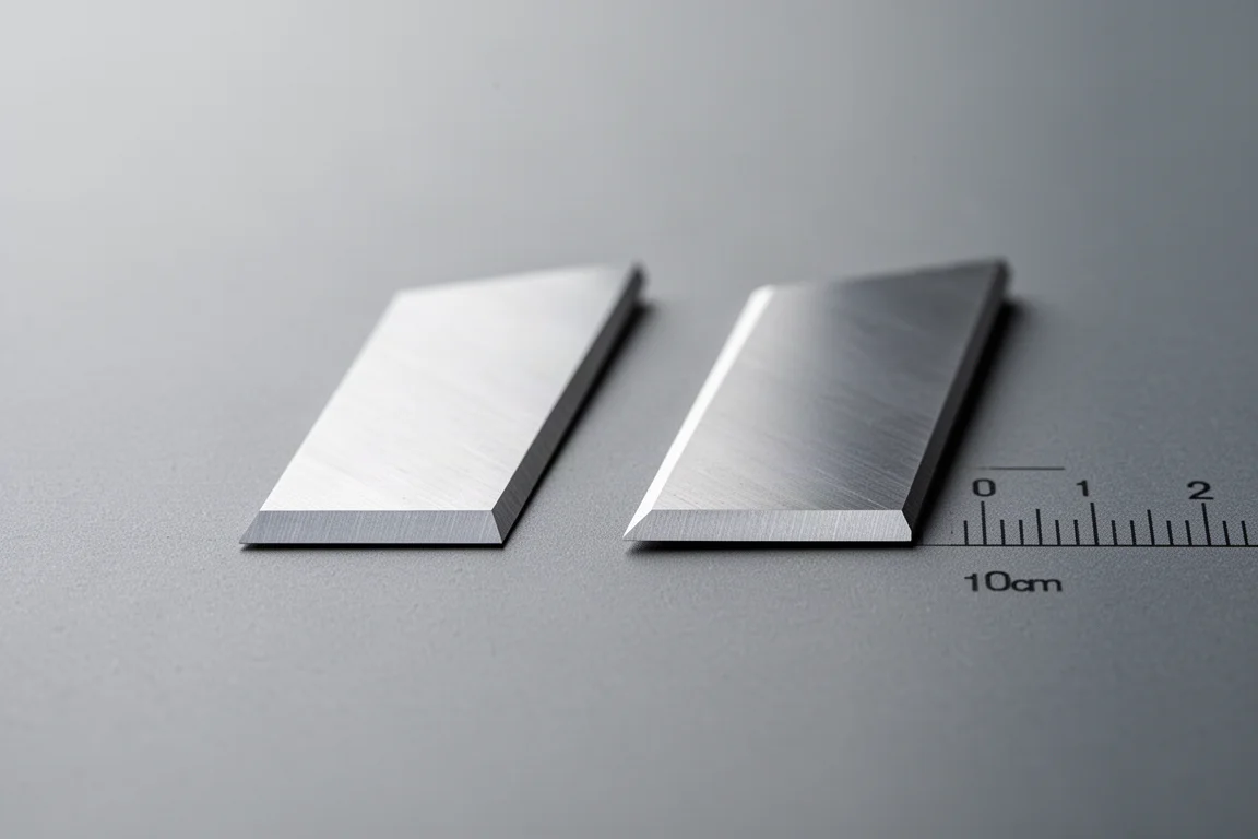 Close-up of a thin utility knife blade held against a thicker blade for comparison