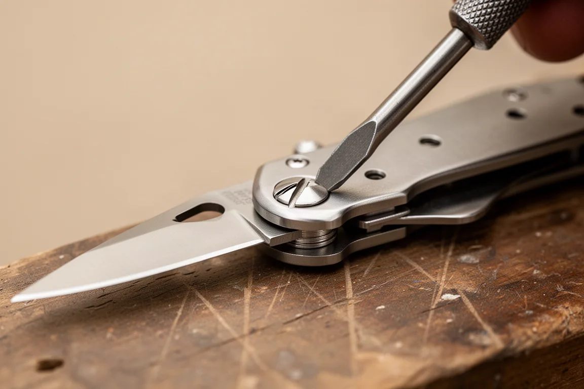 Small screw with a wide slot on a utility knife being loosened with a flat screwdriver