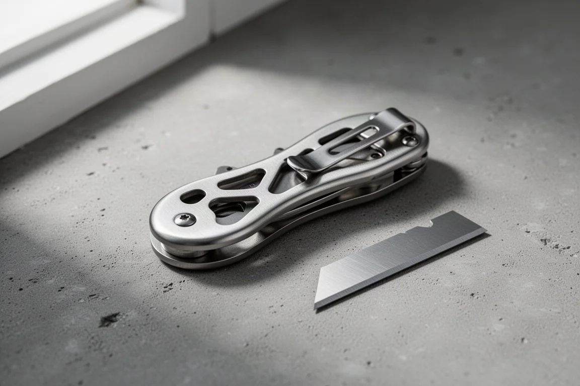Coltello multiuso pieghevole sottile in acciaio inossidabile appoggiato accanto a una lama da taglio standard su cemento