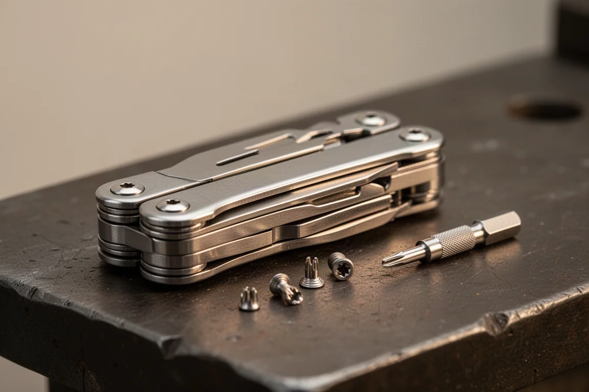 Compact multitool opened on a workbench with small screws nearby