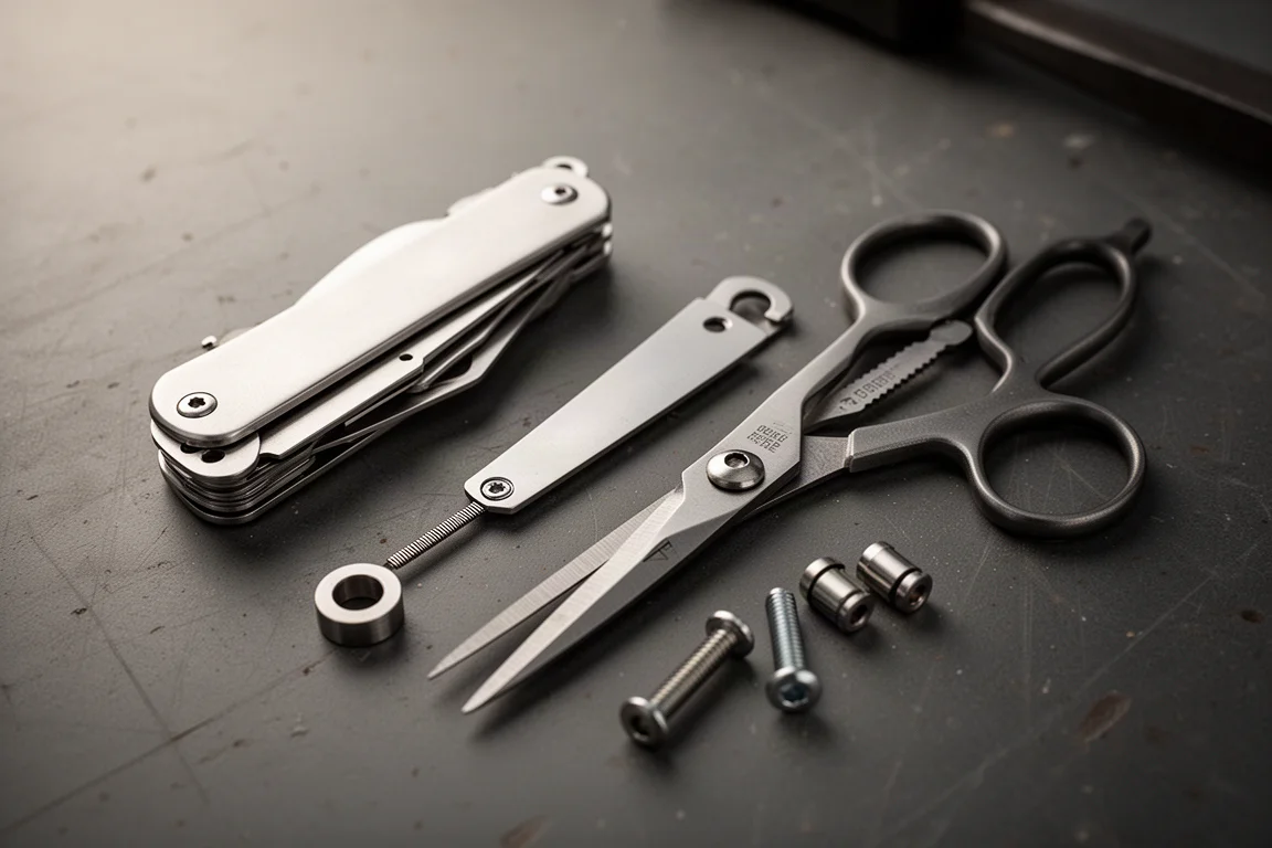 Multitool disassembled into plates, scissors, spring and pivots on a bench