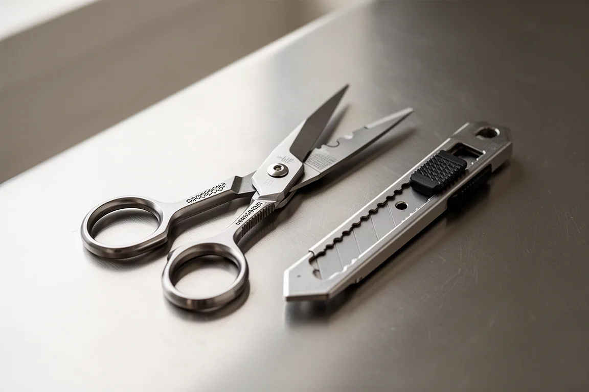 Well-made scissors opened beside a small utility blade holder on a bench