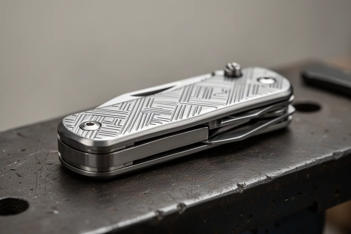 Heavy stainless bottom plate of a multitool on a scale-lit workbench