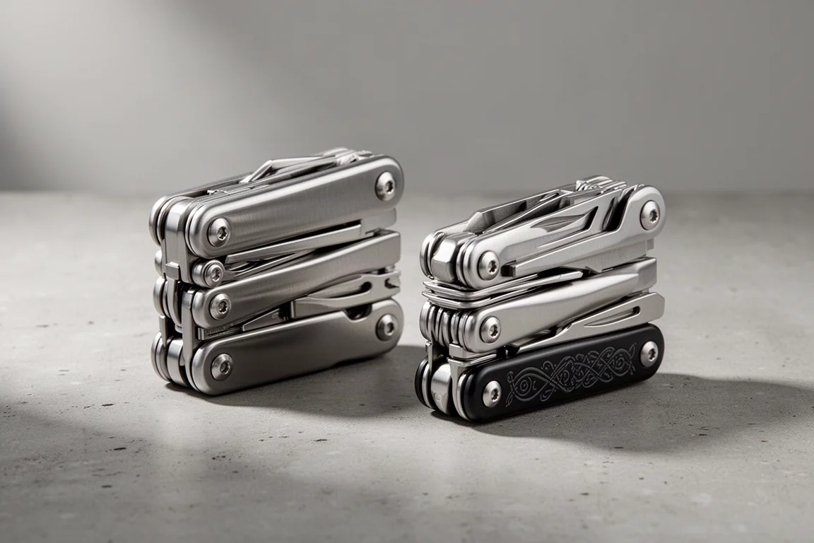 Two compact stainless steel multitools side by side on a concrete surface
