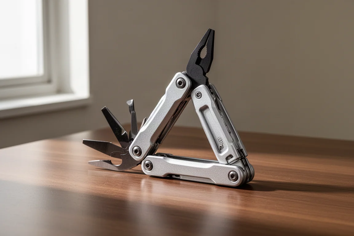 Gerber MP800 多功能工具鉗鉗口張開,置於刷紋木質書桌上