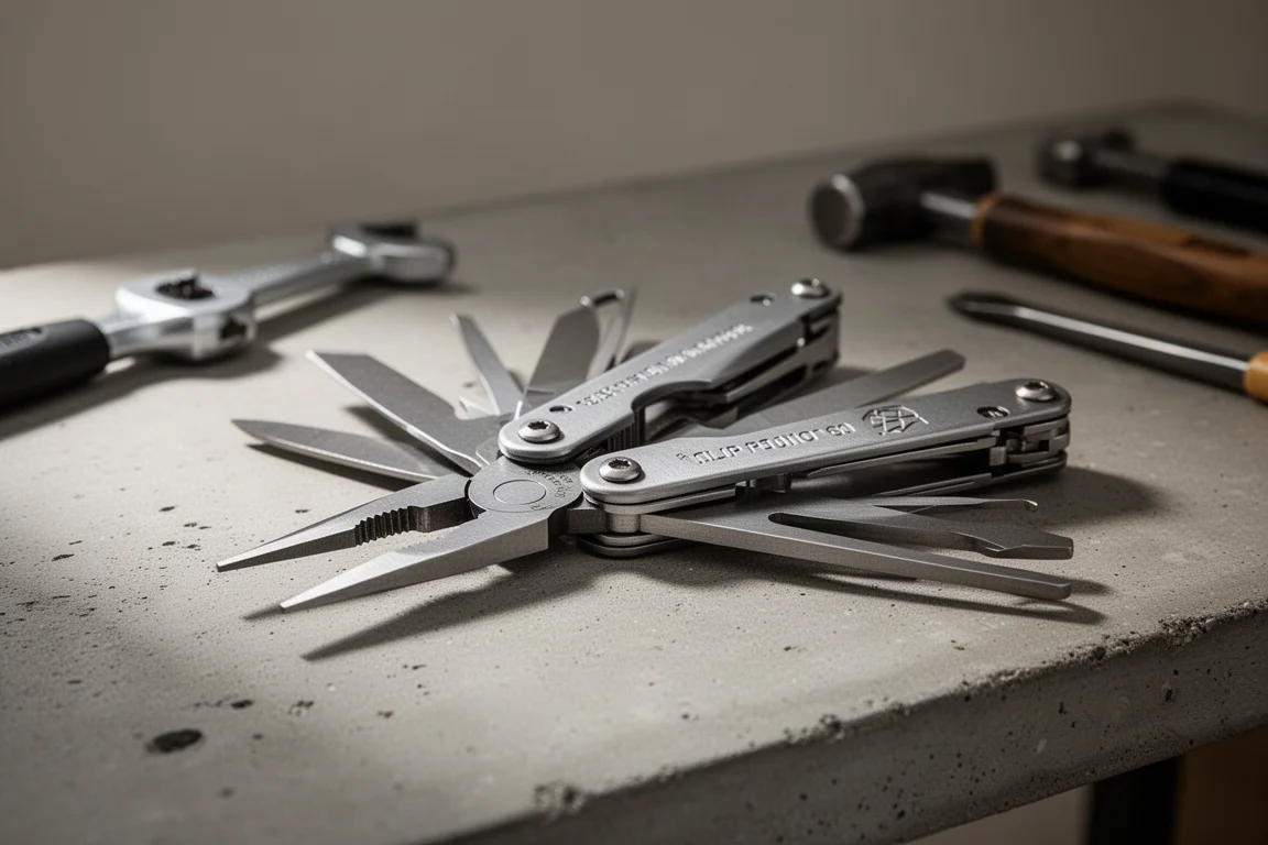 Multi-outils pliant avec becs de pince ouverts sur un établi en béton