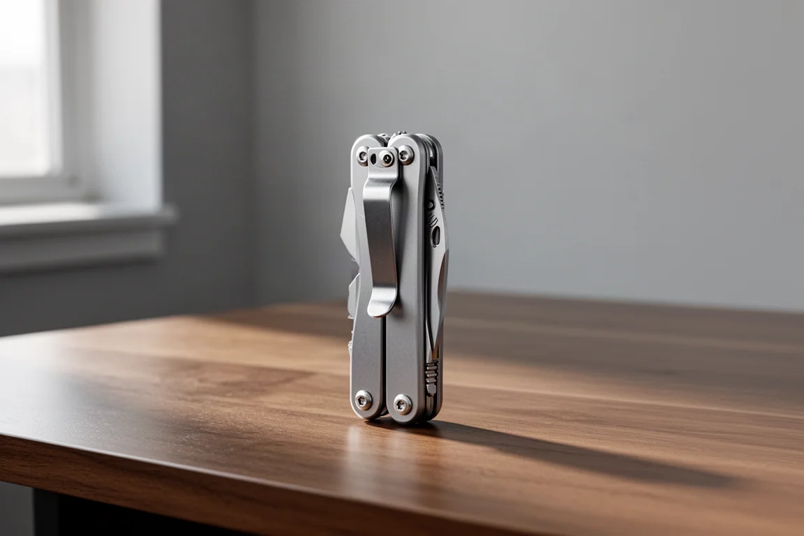 Multi-outils de poche pliant fin avec clip, dressé sur un bureau en bois