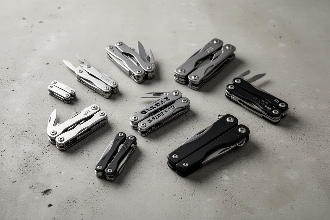 Assortiment de multi-outils de poche disposés sur une surface en béton, vue de dessus