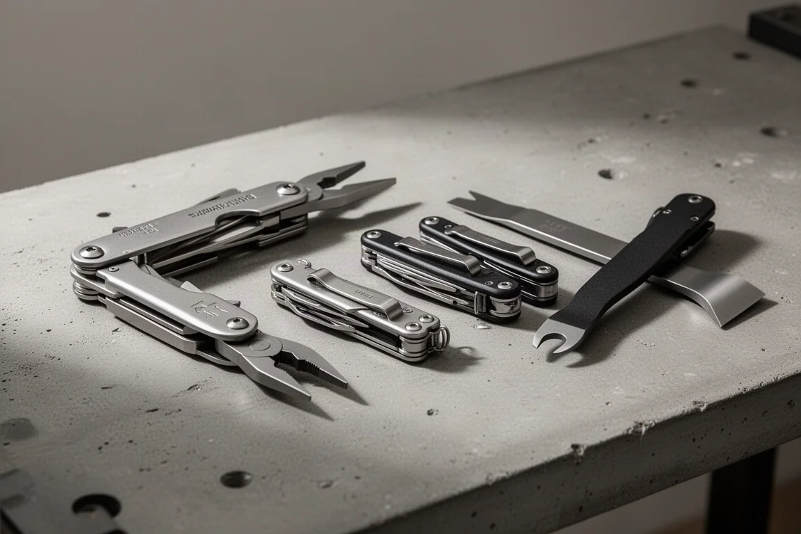 Sechs Gerber Multi-Tools unterschiedlicher Größe auf einer Betonwerkbank angeordnet