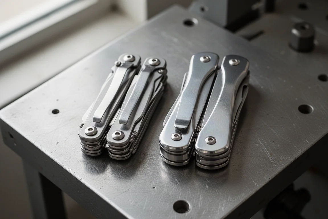 Dos multi-tools plegables colocadas lado a lado sobre un banco de trabajo con los clips de bolsillo visibles