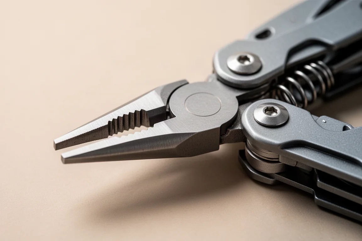 Mordazas de la multi-tool totalmente cerradas bajo inspección minuciosa sobre una superficie neutra