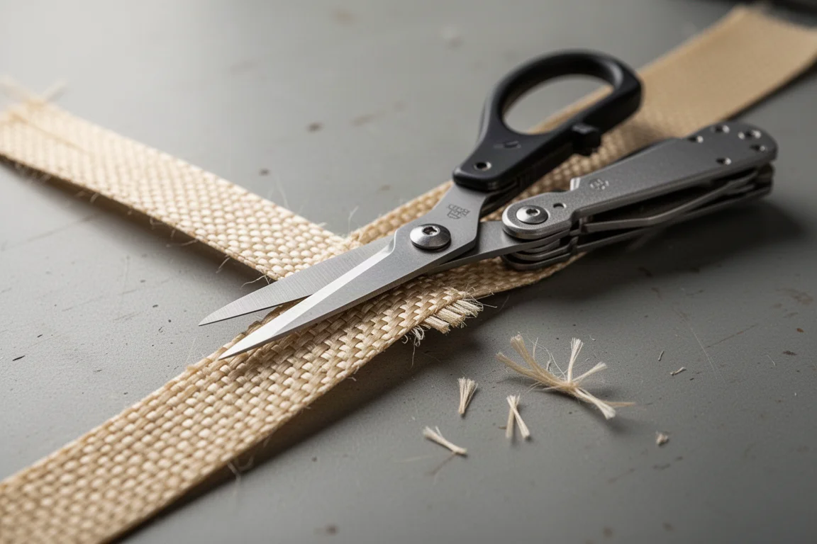 Tijeras de la multi-tool cortando una tira de tela Kevlar sobre un banco de trabajo