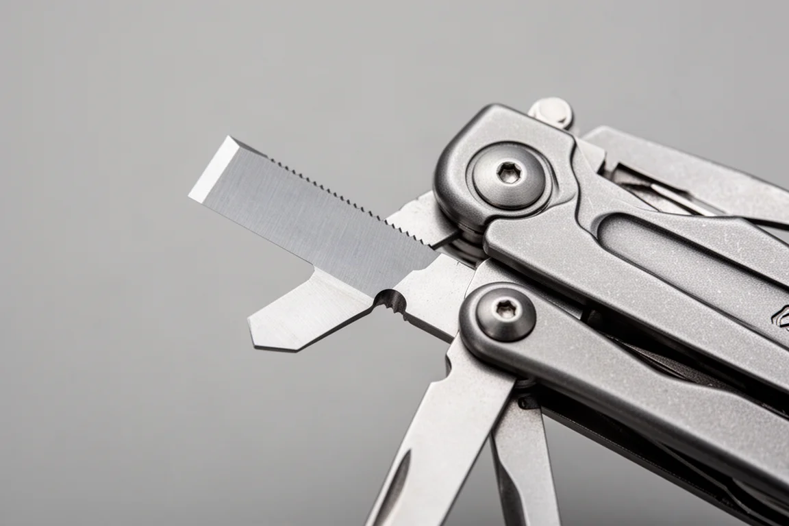 Multi-tool abierta mostrando la herramienta de raspado tipo escariador extendida sobre fondo neutro