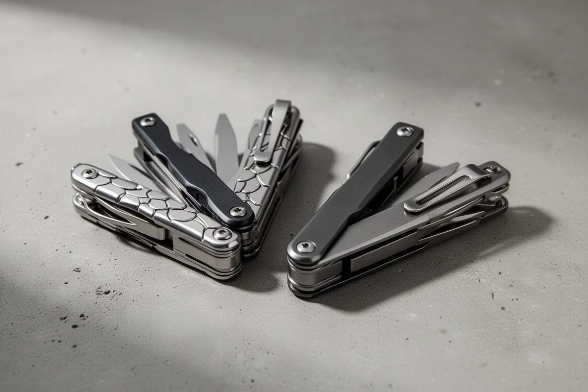 Two similar folding multi-tools side by side on a concrete surface