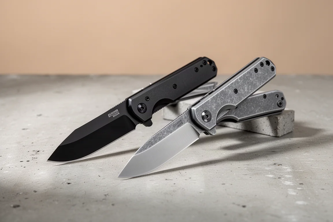Two Gerber folding cleaver-style pocket knives on a concrete surface