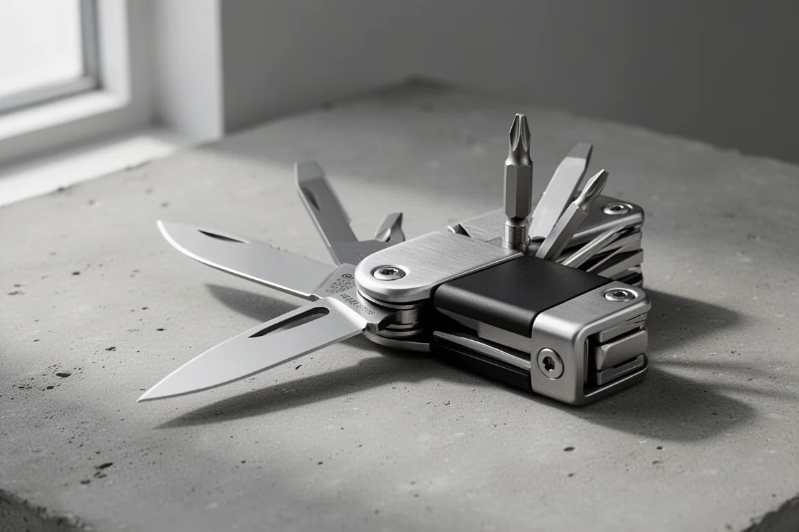 Kompaktes Multi-Tool aus Edelstahl, halb geöffnet, auf einer Betonfläche