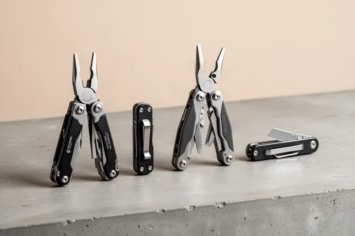 四把 Gerber 多功能工具鉗排放在霧面混凝土表面上