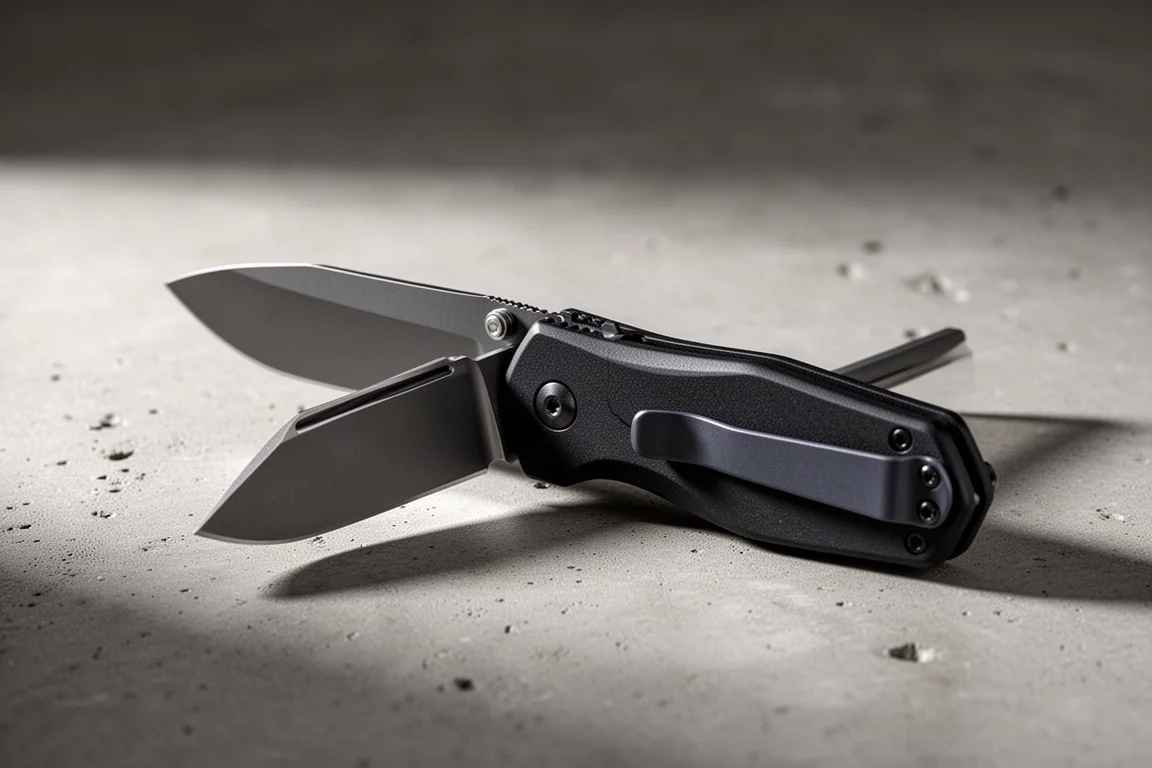 Coltello pieghevole Gerber Zilch con manico nero su superficie di cemento