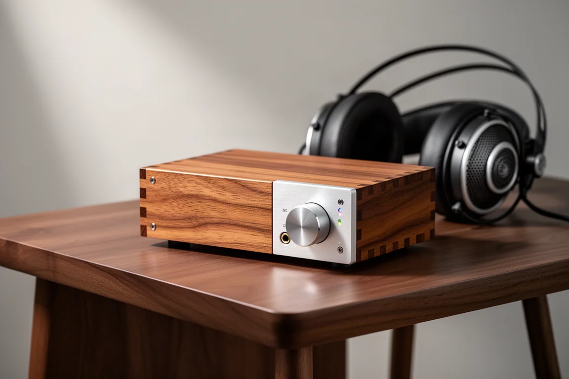 Handmade wooden desktop headphone amplifier with silver volume knob on a walnut table