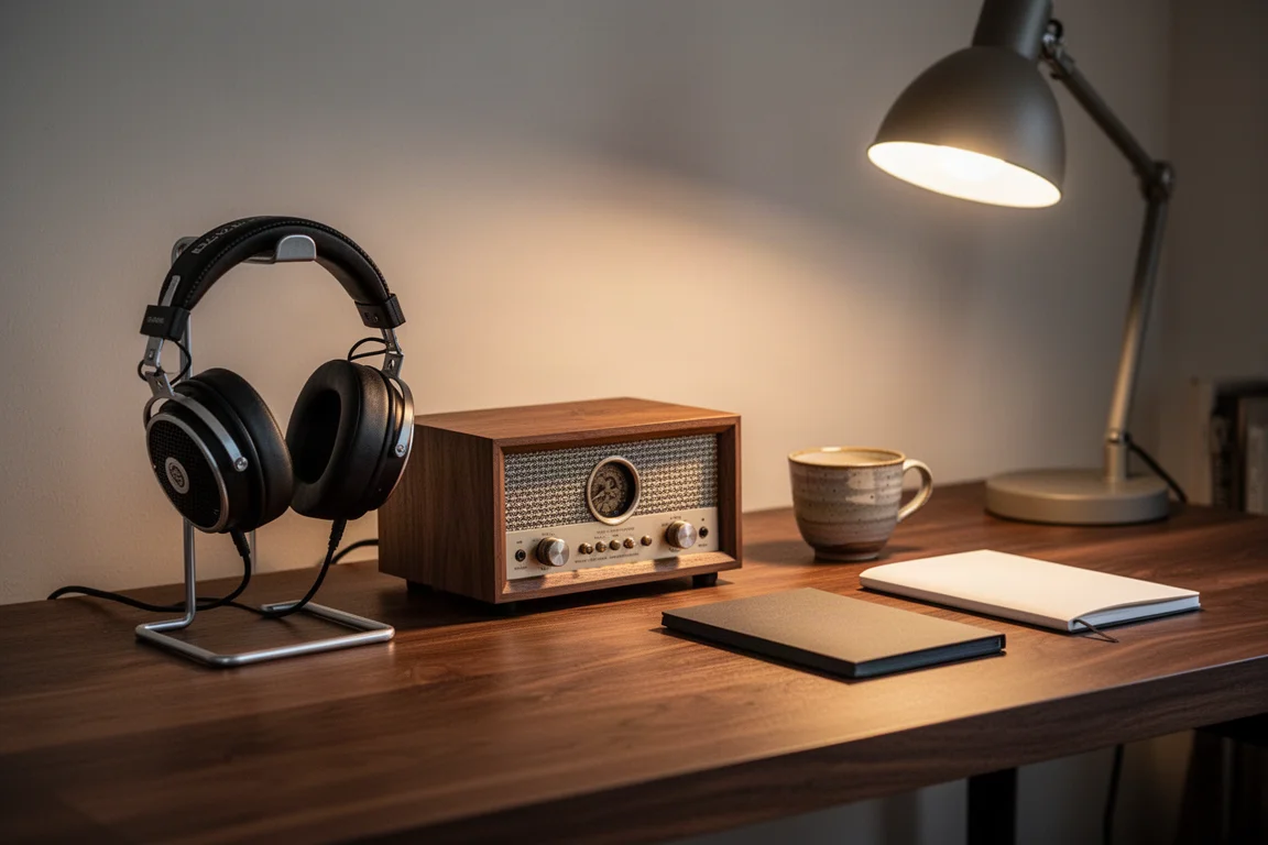 Bureau domestique calme au crépuscule avec un ampli casque en bois, un casque ouvert sur un support et une tasse de café
