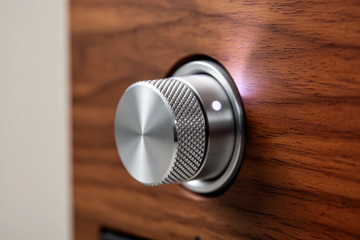 Macro rapprochée d'un bouton de volume en métal moleté sur un panneau d'amplificateur en bois