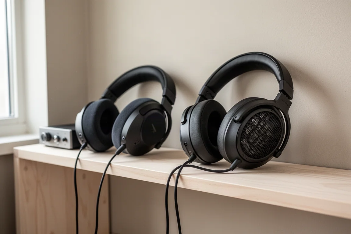 Deux paires de casques et un amplificateur compact disposés sur une étagère en bois à la lumière du jour
