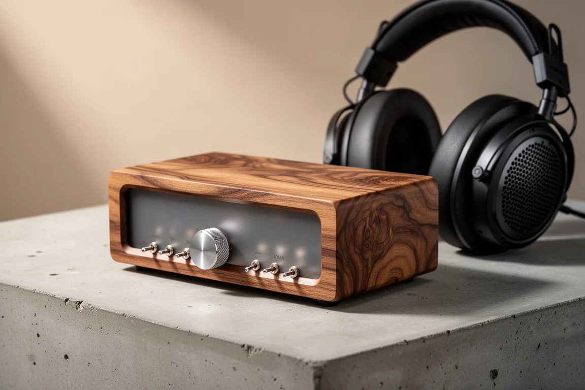 Wooden desktop headphone amplifier with knurled volume knob beside open-back headphones