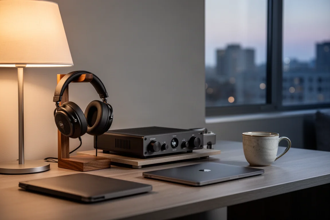 Escritorio de escucha doméstica al atardecer con auriculares en un soporte y un amplificador compacto