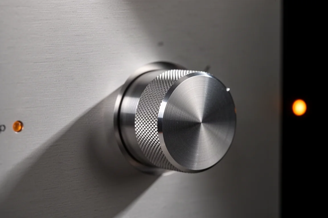 Primer plano de un mando de volumen de aluminio mecanizado con textura de metal cepillado