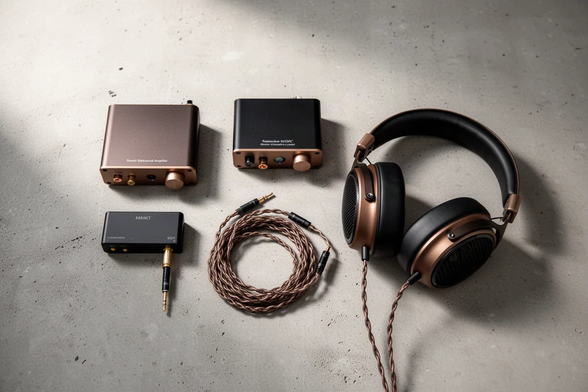 Vista cenital de un sistema de auriculares de sobremesa sobre una superficie de hormigón