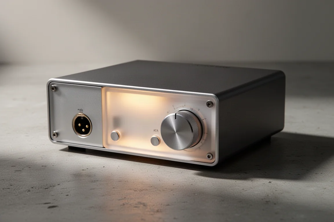 Compact desktop balanced headphone amplifier with volume knob and XLR socket