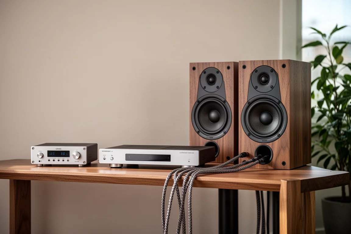 精簡 Hi-Fi 系統,轉換器、前級與書架喇叭置於木層架上
