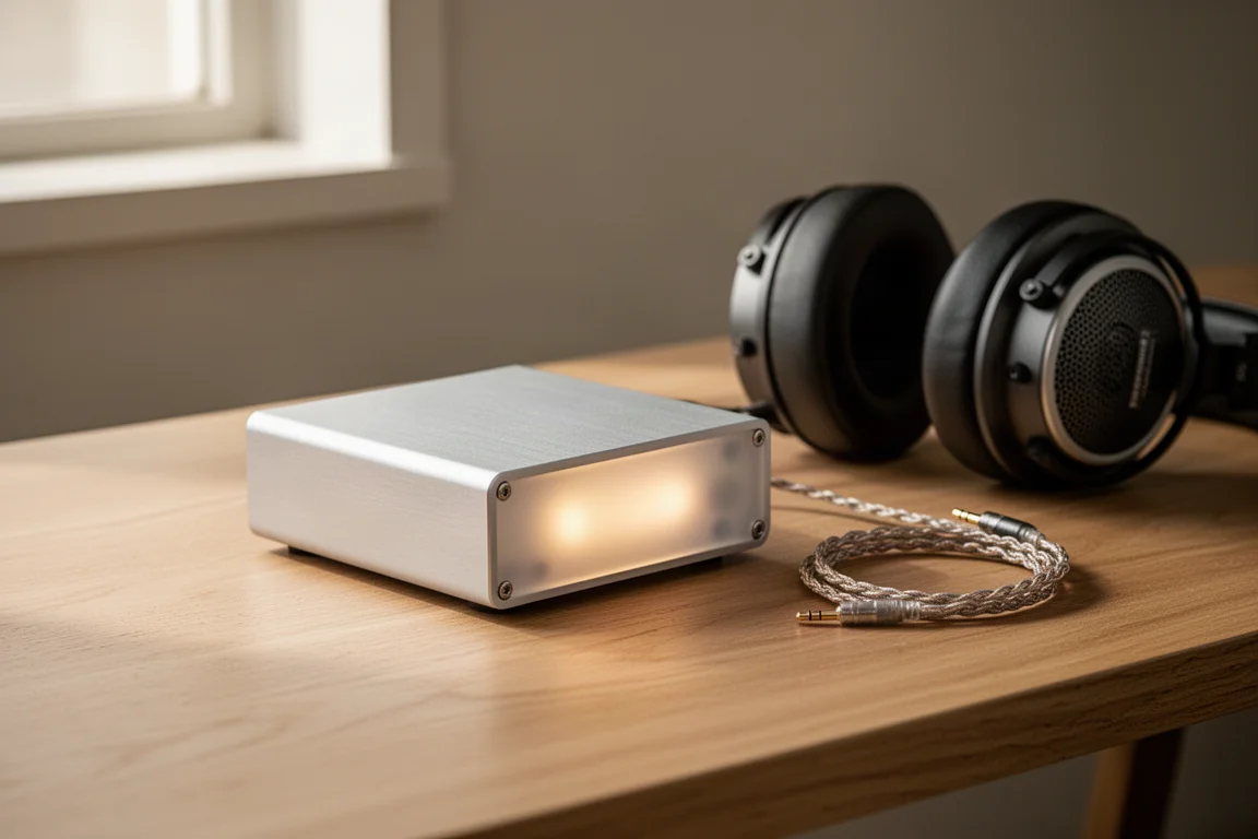 Compact desktop converter with a glowing translucent front panel on a light oak desk beside headphones