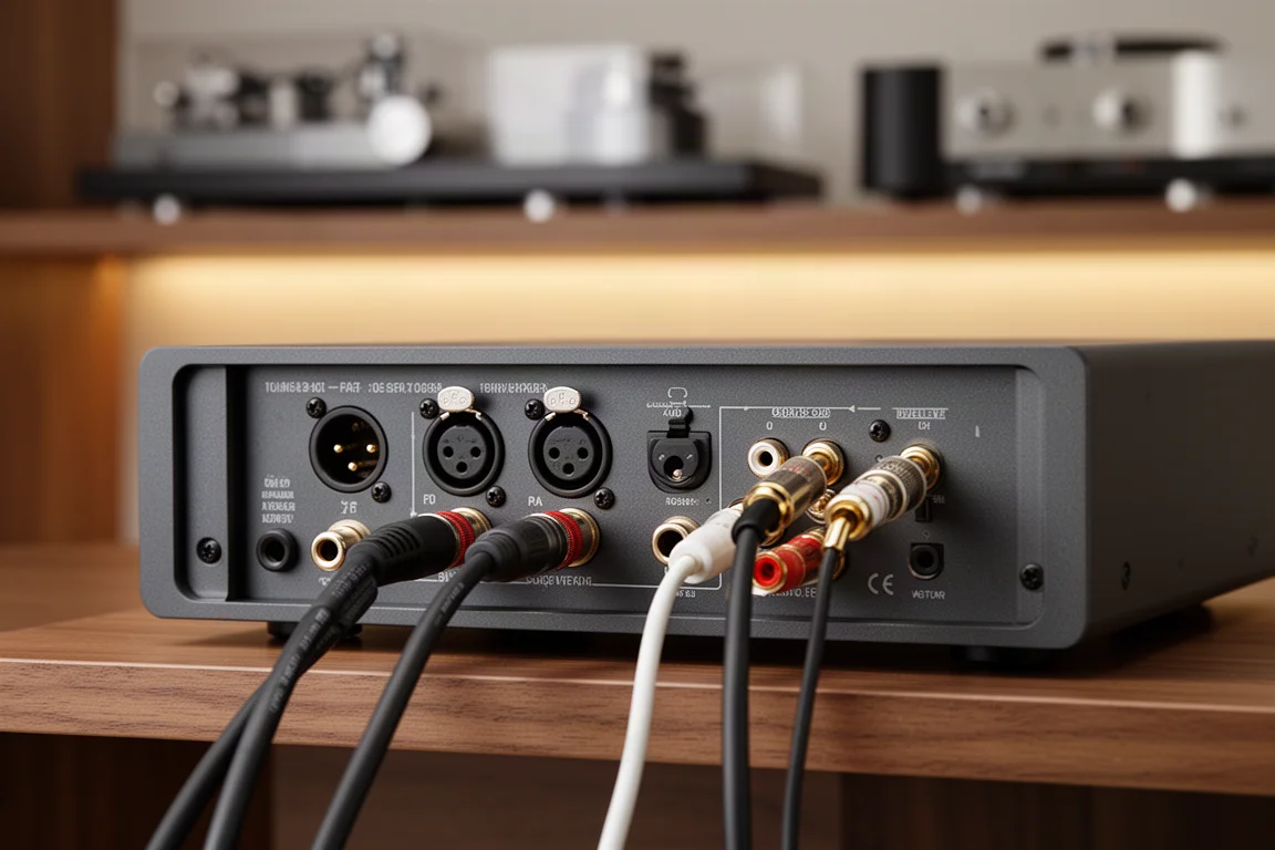 Panel trasero de un DAC de sobremesa con cables balanceados y RCA conectados