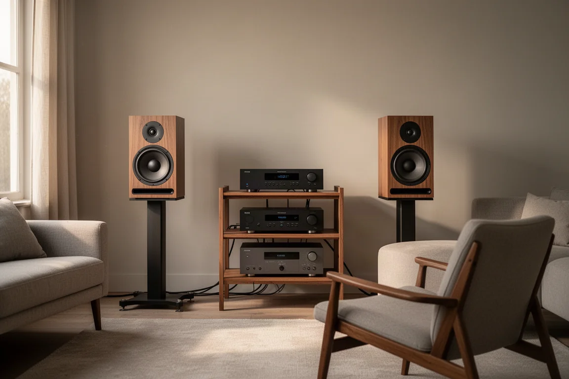 Altavoces de estantería y componentes hi-fi en un salón con luz suave