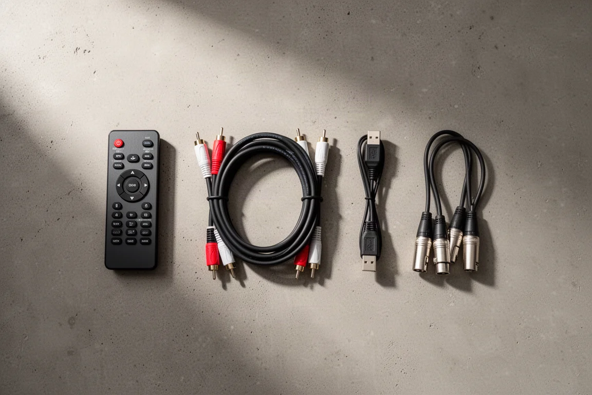 Vista cenital de un mando a distancia y cables de audio sobre hormigón