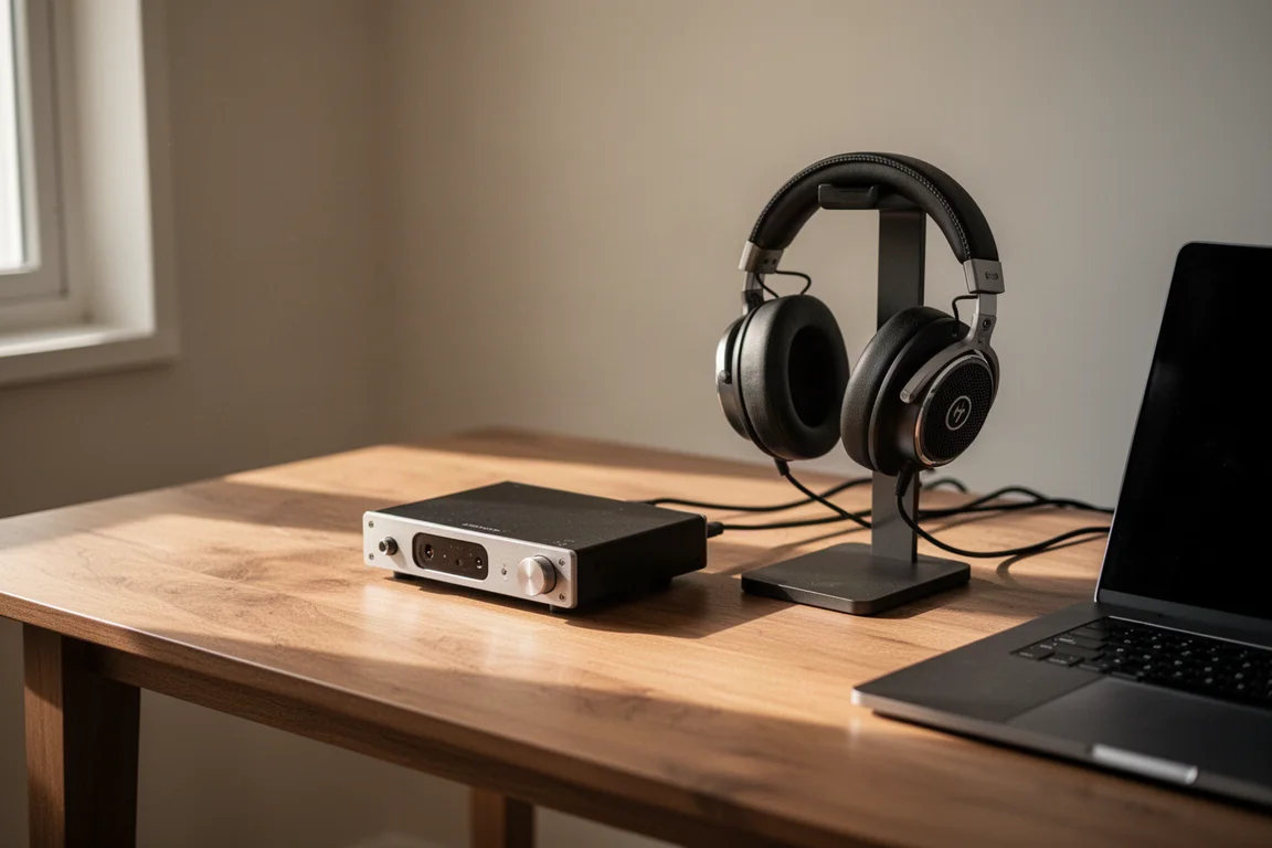 Escritorio con un DAC compacto, auriculares en un soporte y un portátil cerrado