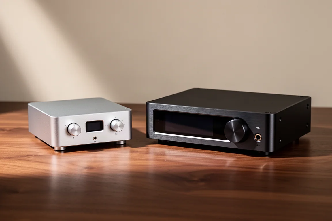 Two desktop DAC units side by side on a walnut surface in soft studio light
