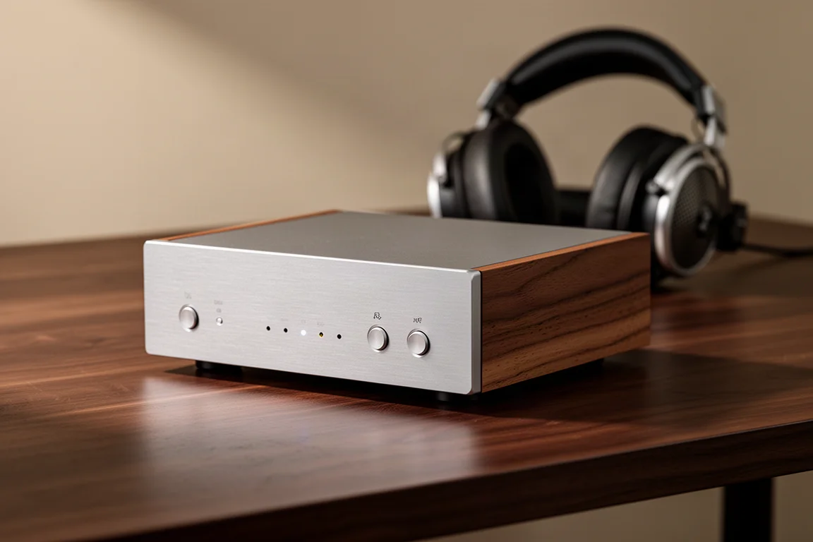 Compact desktop DAC with aluminium front panel and wood enclosure on a dark desk