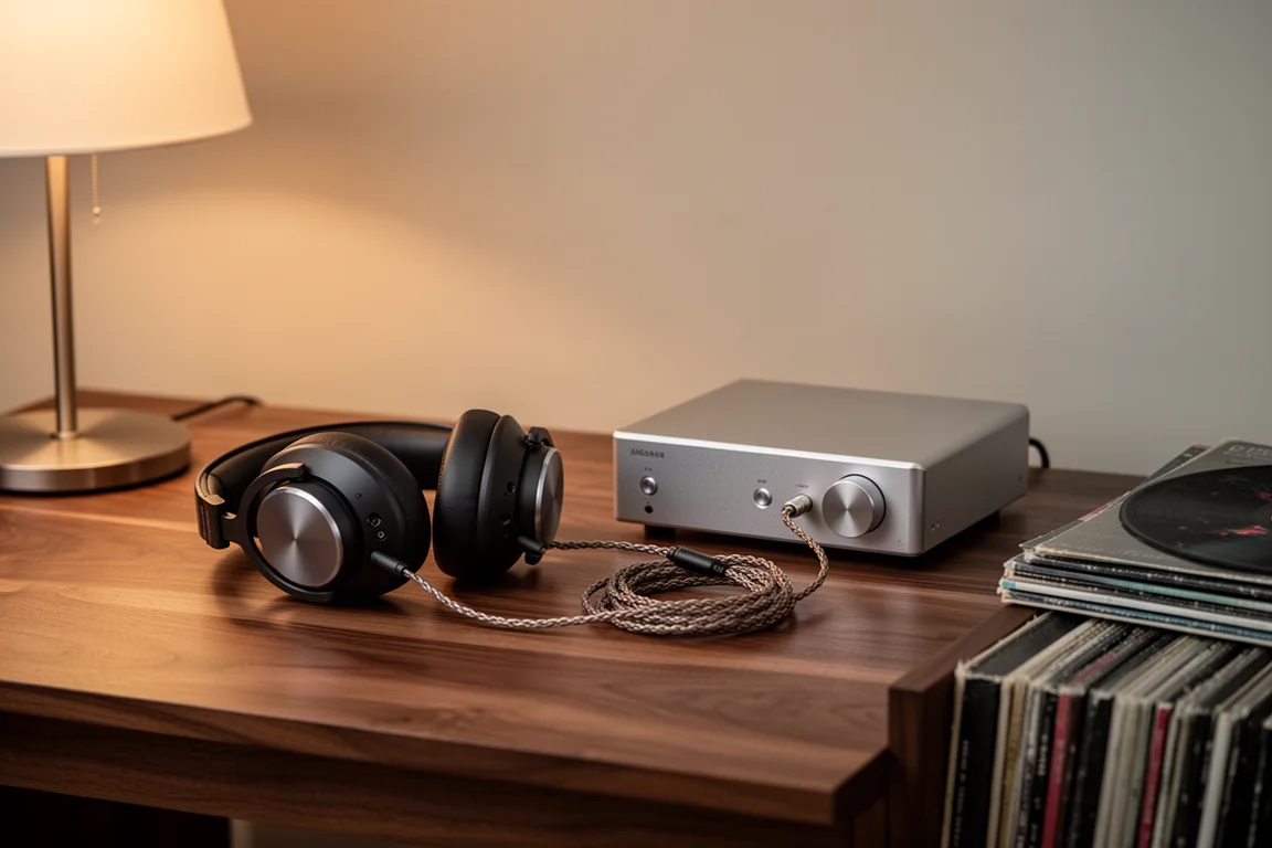 Casque circum-aural et châssis audio en aluminium compact sur un bureau en noyer dans une lumière chaude
