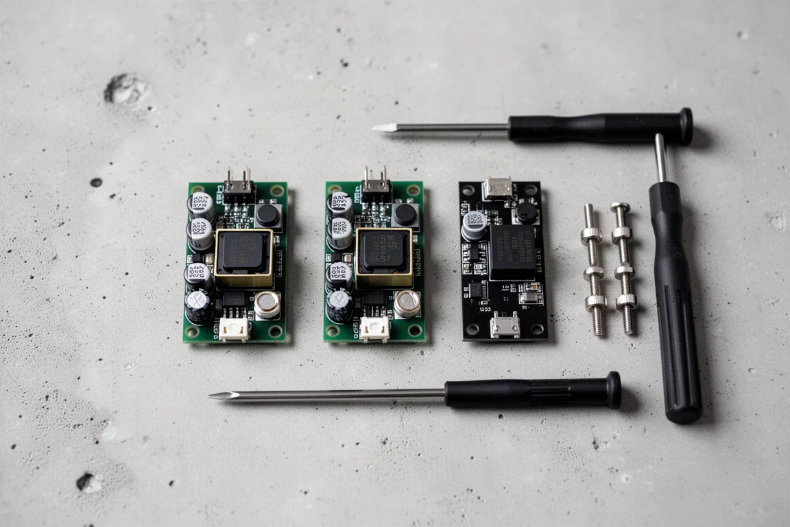 Trois petites cartes de circuits alignées sur du béton avec un tournevis fin à côté
