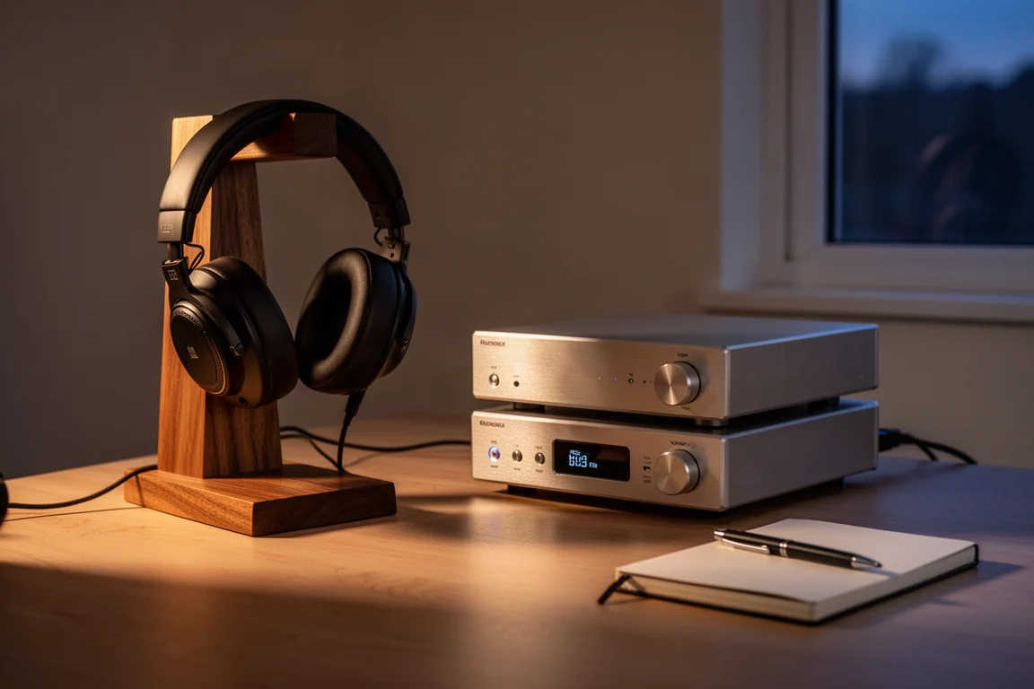 Station d'écoute de bureau au crépuscule avec casque sur support à côté d'un amplificateur en aluminium