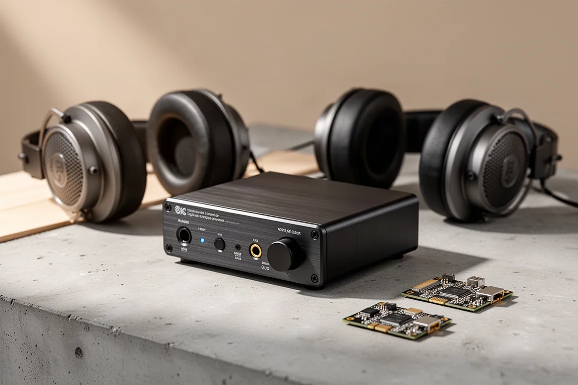 Compact desktop digital-to-analog converter on concrete beside headphones and circuit boards