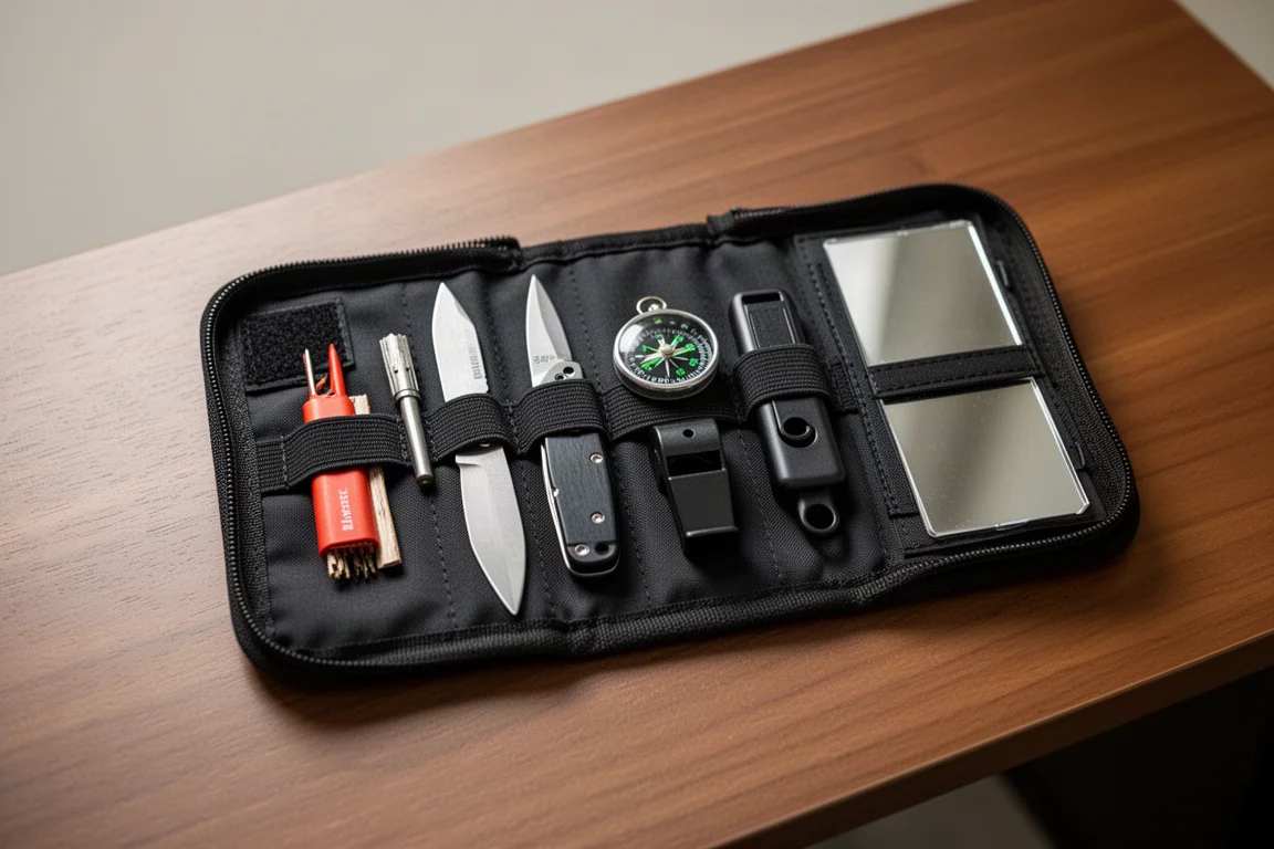 Kompakte Notfallausrüstung in einer geöffneten Tasche auf einem Holztisch