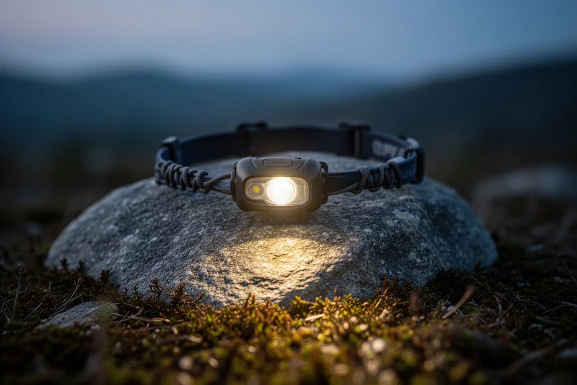 Ultraleichte Stirnlampe mit Gummiband-Schweißband leuchtet auf einem Felsen