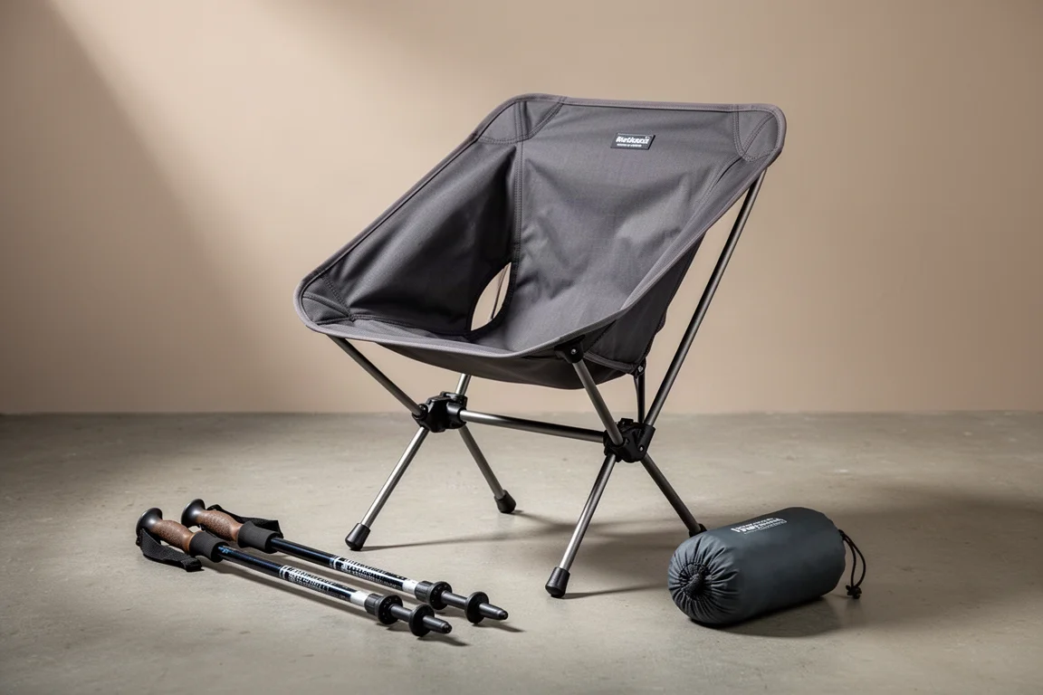 Compact packable backpacking chair with dark grey sling seat beside collapsed trekking poles