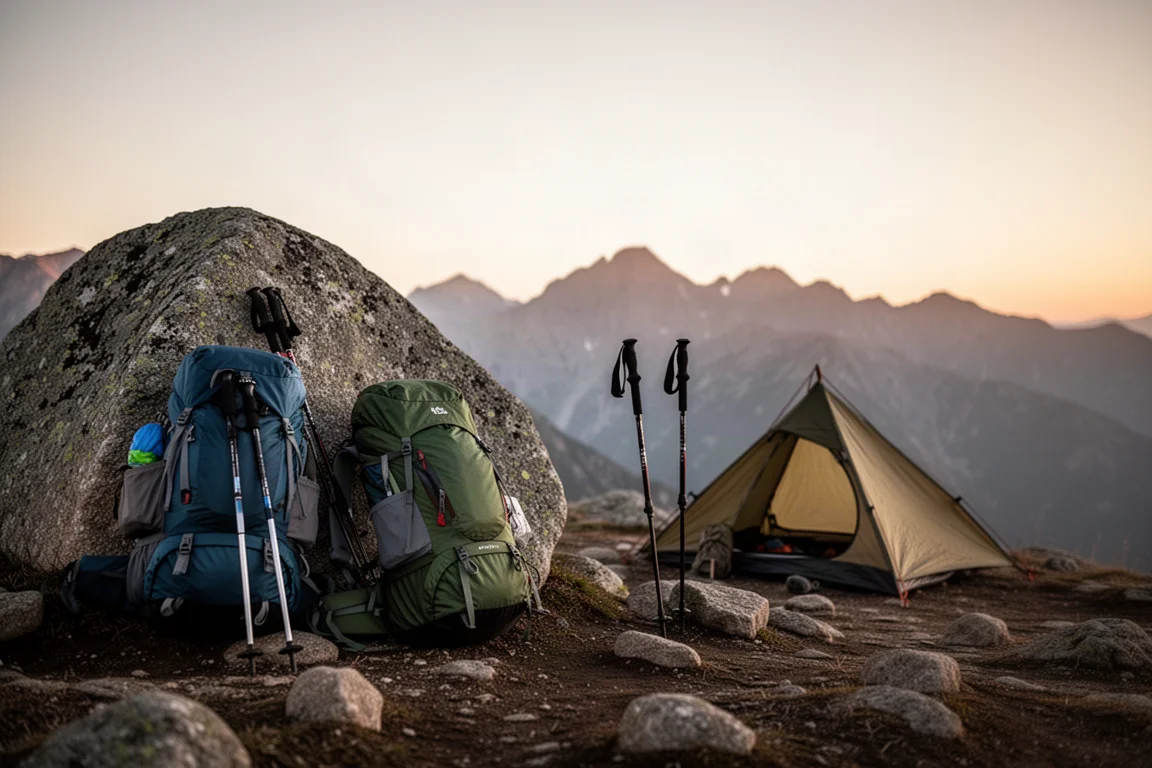 Backpacking campsite at dusk with loaded packs and trekking poles beside a small tent
