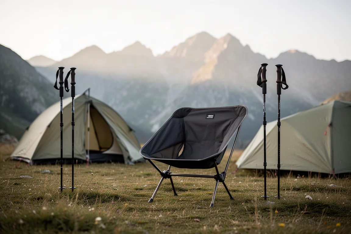Ultralight low camp chair set up beside a pitched tent in a mountain campsite