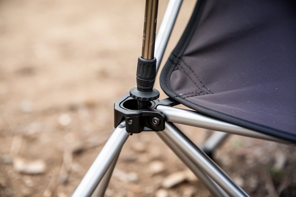 Close-up of a trekking pole tip inserted into a lightweight camp chair frame corner