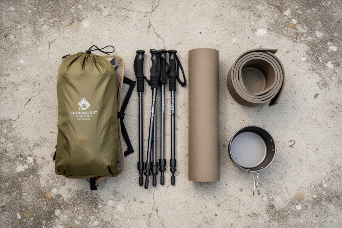 Overhead flat-lay of a folded camp chair, trekking poles, sleeping pad, and cook pot